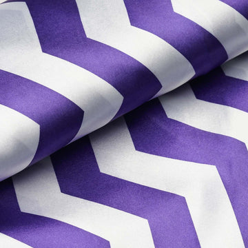 54"x10 Yards Purple White Chevron Print Satin Fabric Roll, Zig Zag DIY Craft Fabric Bolt