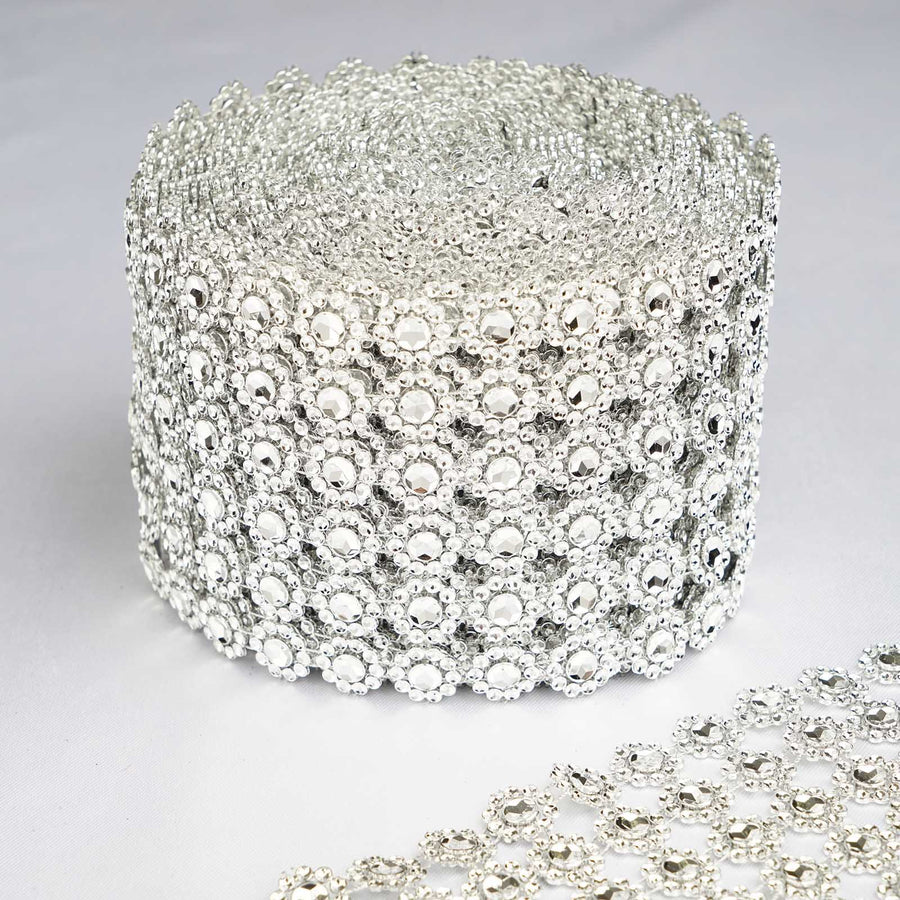 4 inch x 10 Yards Silver Fleur Diamond Rhinestone Ribbon Wrap Roll, DIY Craft Ribbon
