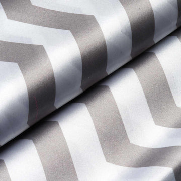 54"x10 Yards Silver White Chevron Print Satin Fabric Roll, Zig Zag DIY Craft Fabric Bolt