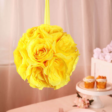 2 Pack 7" Yellow Artificial Silk Rose Kissing Ball, Faux Flower Ball
