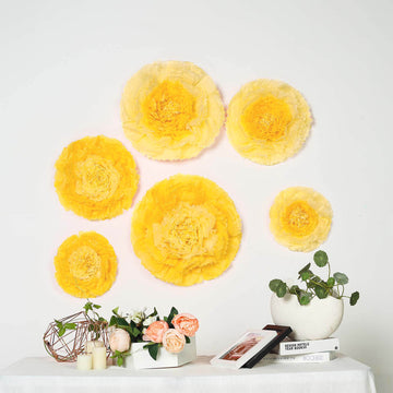 Set of 6 Yellow Giant Carnation 3D Paper Flowers Wall Decor - 12",16",20"