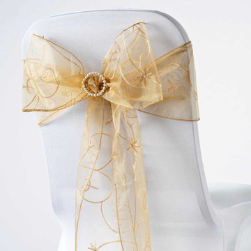 5 Pack 7"x108" Gold Embroidered Organza Chair Sashes