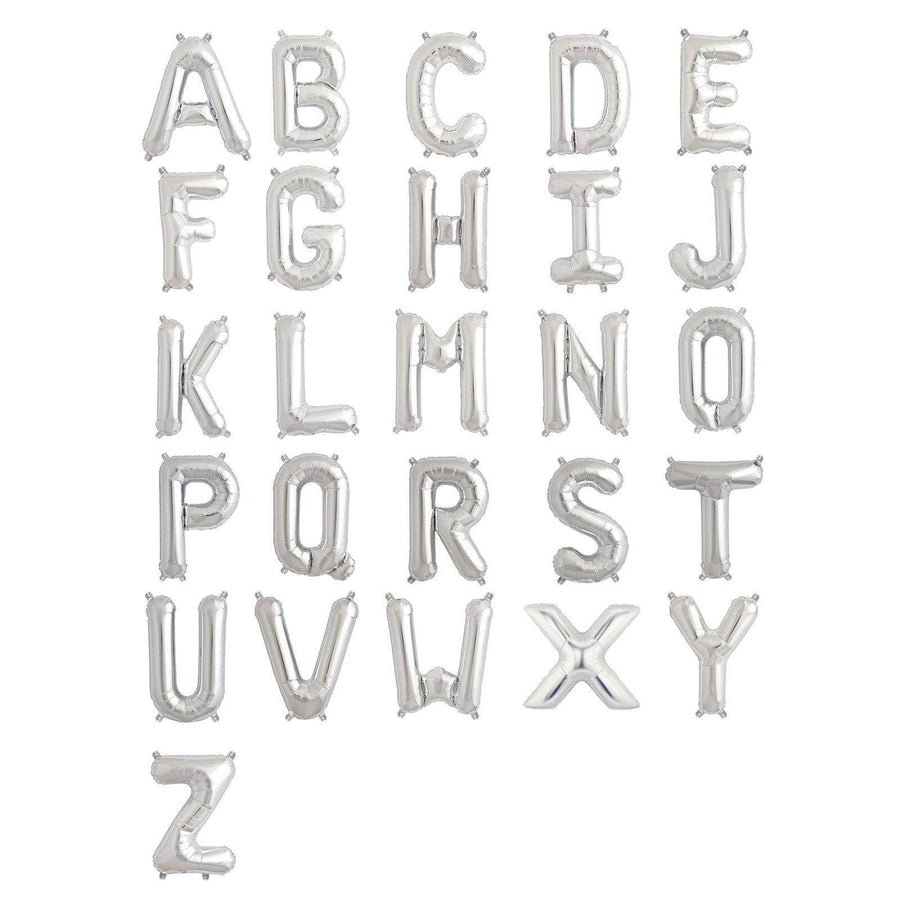 Silver balloon letters A-Z in a grid layout on a white background