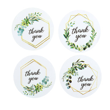 500Pcs 1.5" Thank You Gold and Green Leaf Frame Stickers Roll Décor, Labels and Seals For DIY Envelope - Round