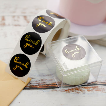 500Pcs 1.5" Thank You Gold Foil Text On Black Stickers Roll Décor Labels and Seals for DIY Envelope - Round