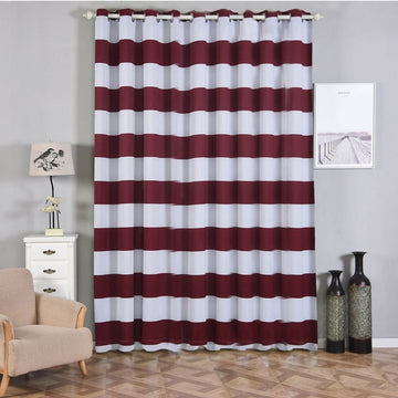 2 Pack White Burgundy Cabana Stripe Thermal Blackout Window Curtain Grommet Panels, Noise Canceling Curtains - 52"x108"