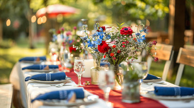Outdoor table set with blue napkins and red-white-blue flowers
