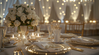 Decorated dinner table decor with a gold theme