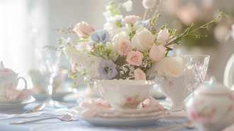 Chic Mother’s Day Party Ideas with a floral teacup centerpiece.
