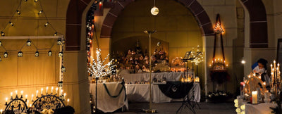 Winter wedding reception with candlelit decor and fairy lights