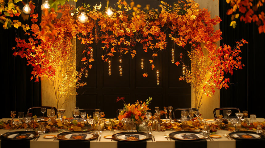 Autumn-inspired event décor with dramatic lighting and bold fall florals, capturing the warmth and beauty of seasonal autumn colors.