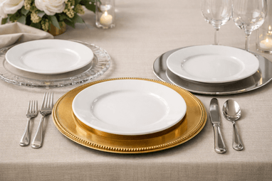 Example of charger plates used in a formal table setting with layered dinnerware