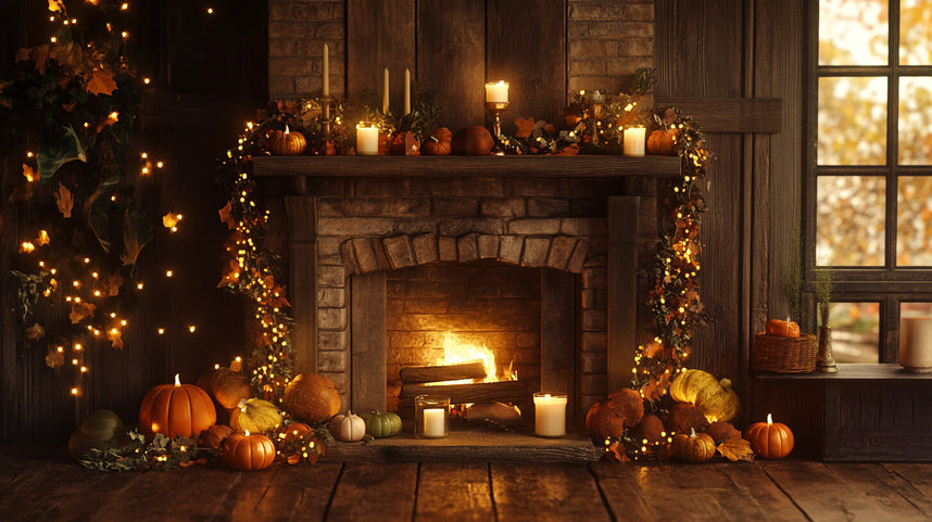 Cozy autumn room decor with candles, pumpkins, and garlands.