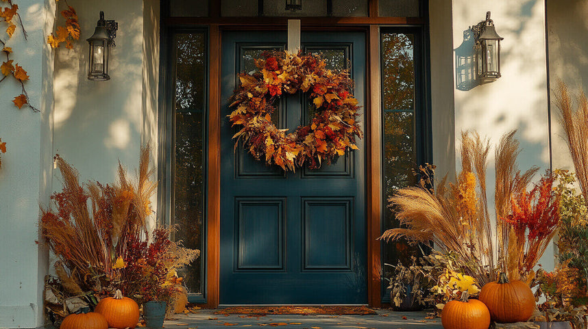 Front entrance autumn porch decor with a wreath on the door, pumpkins, and fall foliage.