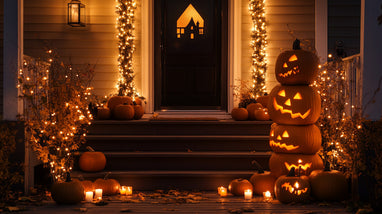 A warmly lit front porch with decorations for Halloween.