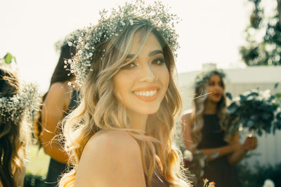 Bride wearing a baby's breath floral crown