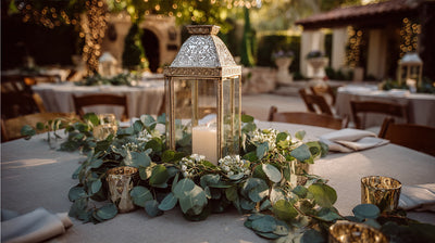 Lantern centerpiece with greenery on a wedding table