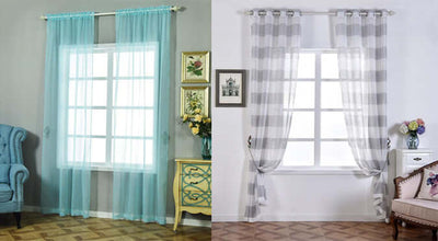Curtains in turquoise and gray plaid styles