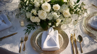 Wedding table setting with white roses and gold chargers