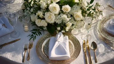 Wedding table setting with white roses and gold chargers