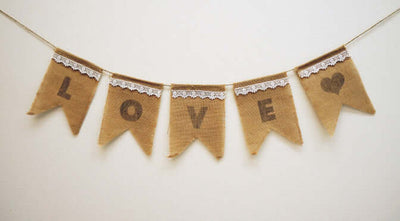 Burlap LOVE banner with lace trim