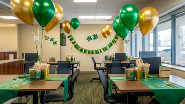 Festive office setup with green and gold balloons, shamrock decor, and table settings for St. Patrick's Day themes.