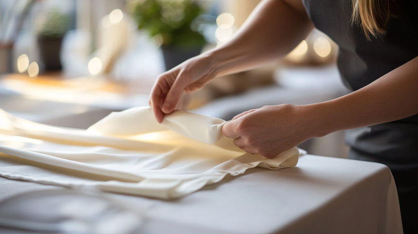 Folding clean white linens, showcasing the result of proper care and steaming.