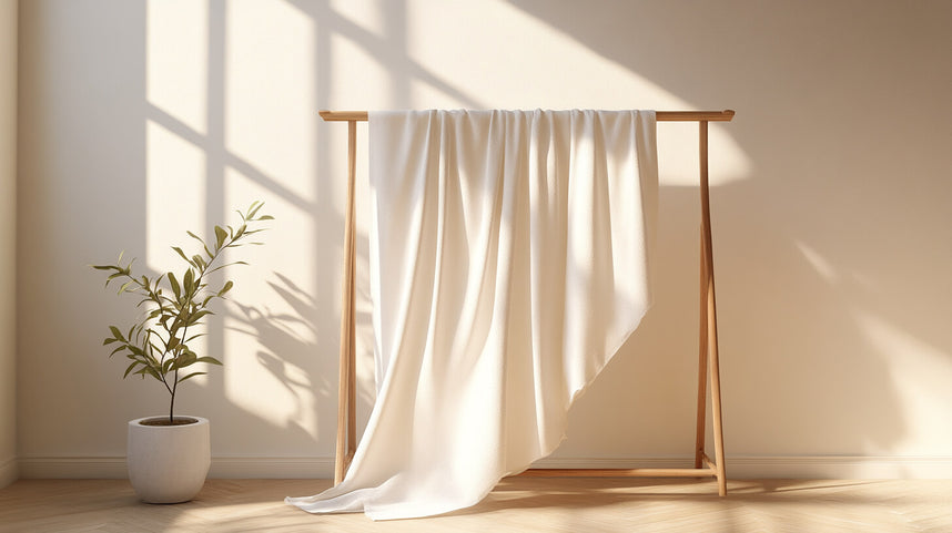 White linen fabric draped on a wooden rack.