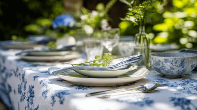 Toile Tablecloth on Outdoor Table Setting