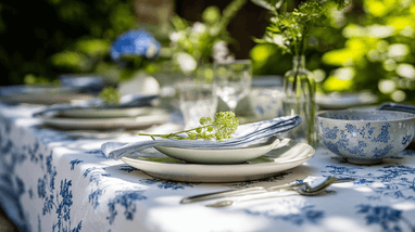 Toile Tablecloth on Outdoor Table Setting