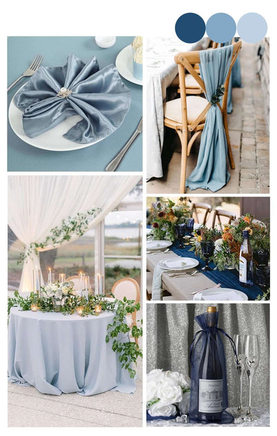 Light blue wedding table setting with satin napkin