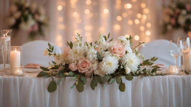 Close-up of a decorated wedding head table with floral centerpieces and fine tableware.