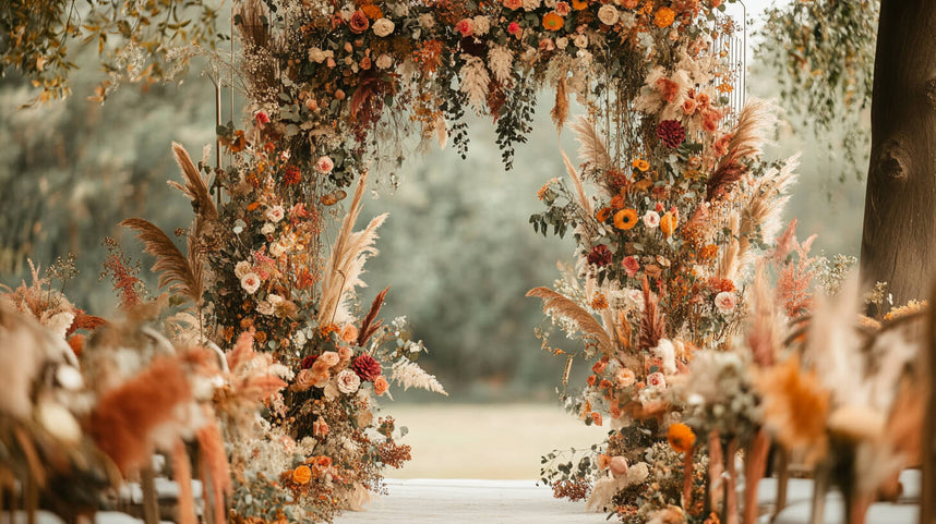 A stunning outdoor wedding arch decorated with autumn florals, showcasing what are fall colors for a wedding in warm, earthy tones.