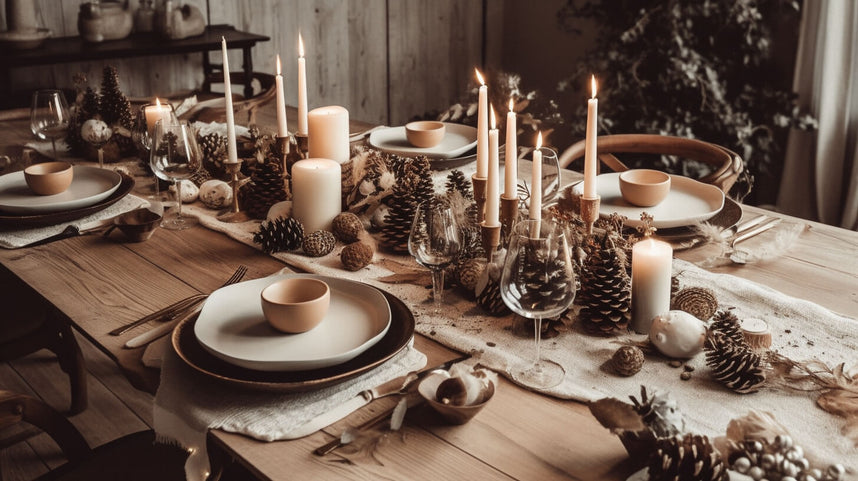 Rustic winter tablescape with pinecones, candles, and wooden accents, perfect for winter tablescape ideas.