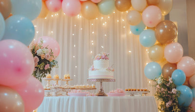 Pastel balloon arch framing a dessert table