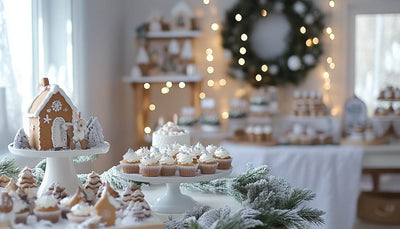 An elegant winter baby shower scene featuring frosted pinecones, twinkling fairy lights, pastel table décor, and a festive dessert table with snowflake cupcakes and gingerbread houses, set in a cozy setting with greenery and soft accents.