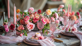 Elegant pink table setting ideas with lush pink flowers, pink candlesticks, and vintage glassware on a rustic wooden table.