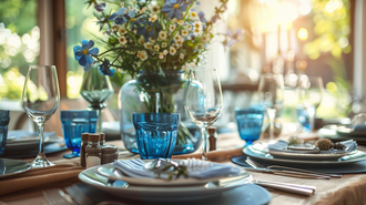 Rustic father's day table decorations with blue glassware.