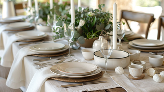 Rustic white table setting ideas featuring off-white linen tablecloth, white plates, and greenery for a charming, natural dining experience.