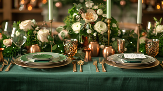 Luxurious green table setting ideas with emerald green tablecloth, copper accents, and white floral arrangements for an elegant dining experience.