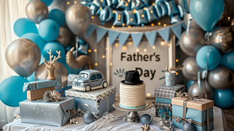 An indoor setup with blue and silver decorations, gifts, and a cake, illustrating festive Father's Day party ideas.