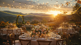 Outdoor wedding reception table layout at sunset with string lights and floral centerpieces.
