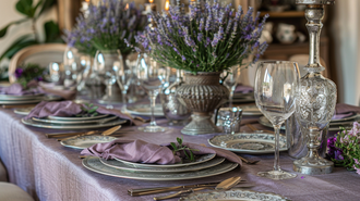 Elegant lavender tablescape with lavender tablecloths, vintage silverware, and floral centerpieces for a sophisticated dining setting.