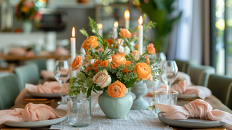 Modern tablescape ideas with peach roses and candles on a dining table.