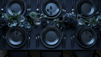 Monochromatic black table setting ideas using varied textures and shades of black for a sophisticated and cohesive look.