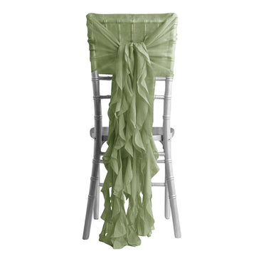 1 Set Chiffon Hoods Chair Sashes with Willow Ruffles Design Dusty Sage Green - Stylish Chair Bow Decor