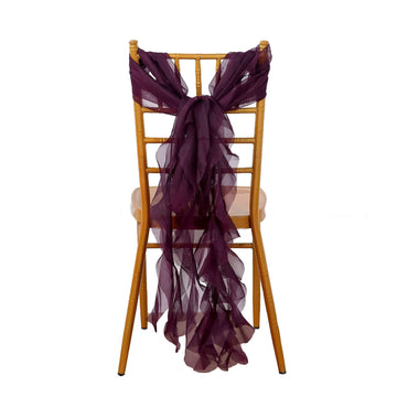 1 Set Chiffon Hoods Chair Sashes with Willow Ruffles Design Eggplant - Stylish Chair Bow Decor