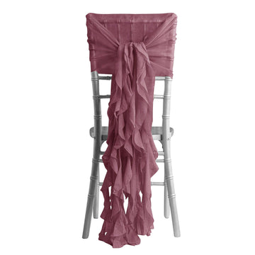 1 Set Chiffon Hoods Chair Sashes with Willow Ruffles Design Mauve Cinnamon Rose - Stylish Chair Bow Decor