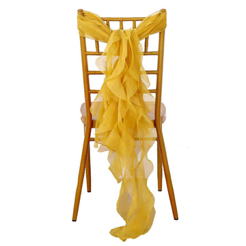 1 Set Chiffon Hoods Chair Sashes with Willow Ruffles Design Mustard Yellow - Stylish Chair Bow Decor