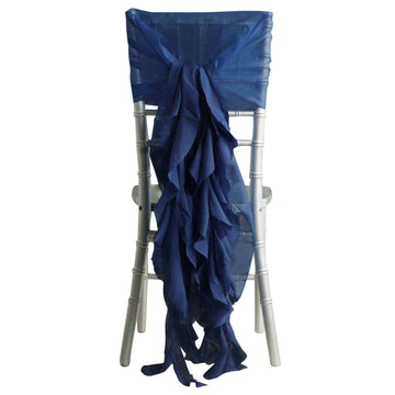 1 Set Chiffon Hoods Chair Sashes with Willow Ruffles Design Navy Blue - Stylish Chair Bow Decor